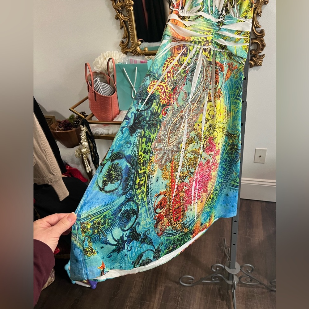 Cristinalove Turquoise and Yellow Halter Beachy Tropical Dress with Rhinestones - Picture 8 of 14